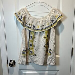 Easel Los Angeles Embroidered Off The‎ Shoulder Top Cream Yellow Blue Size M